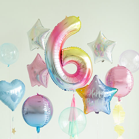 Kids Birthday Numbers beautiful number 6 balloon in pastel colors with heart and star balloons for birthday celebrations.