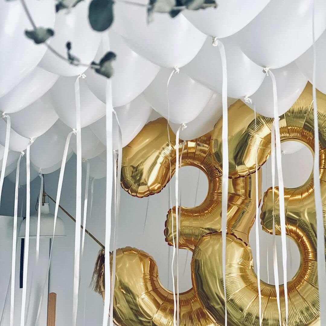 White ceilling balloons with Gold Number 33