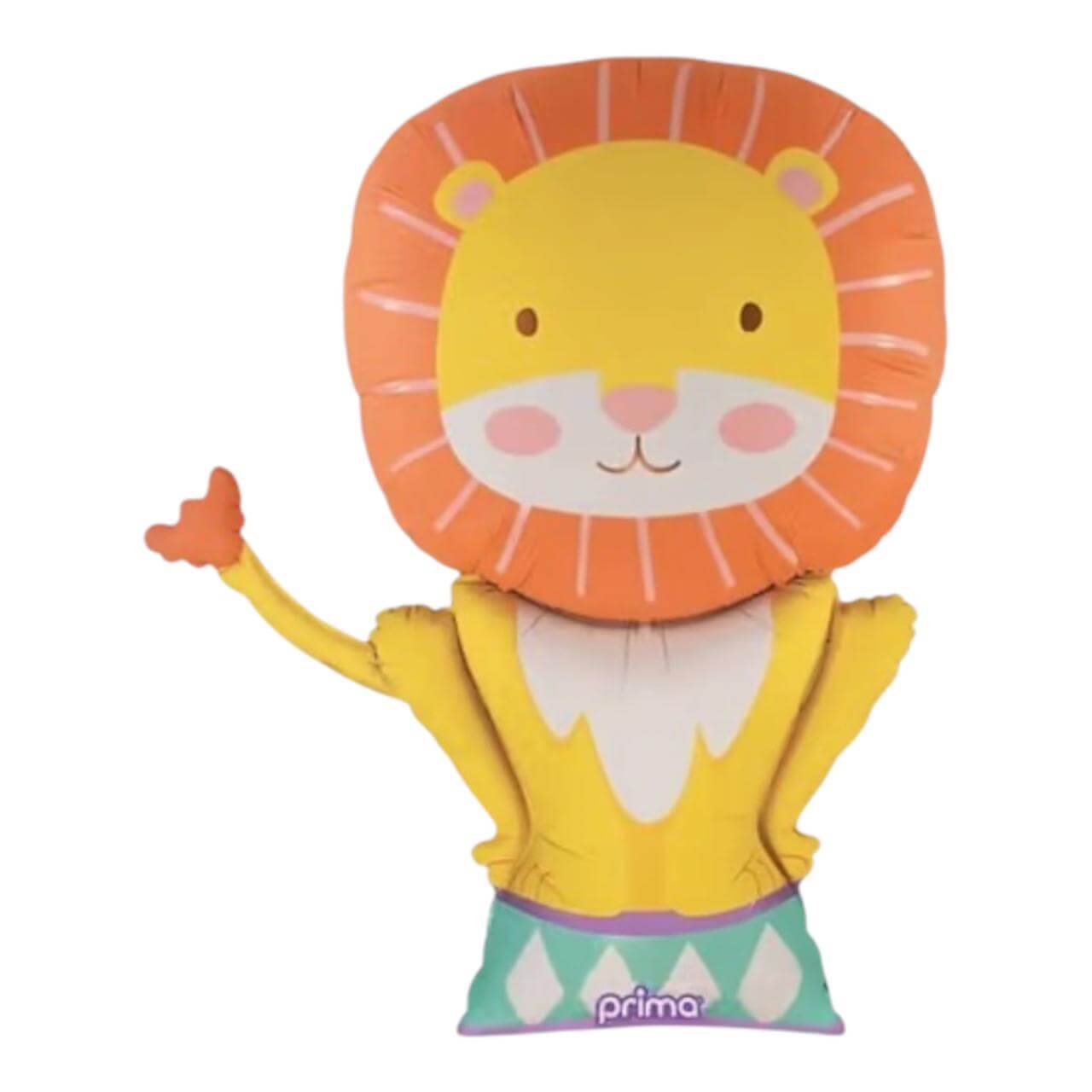 Colorful lion-shaped balloon with a heart, featuring the brand 'prima'.
