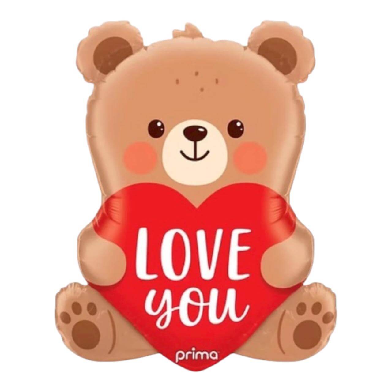 Teddy bear-shaped balloon with a red heart and 'LOVE YOU' text, featuring the brand 'prima'.