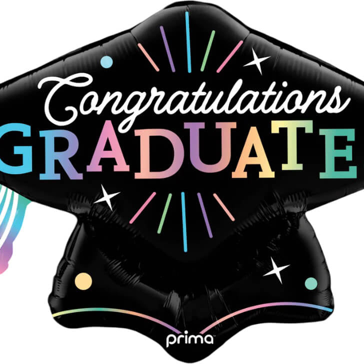 Graduation-themed balloon with 'Congratulations Graduate!' text and colorful design on a white background