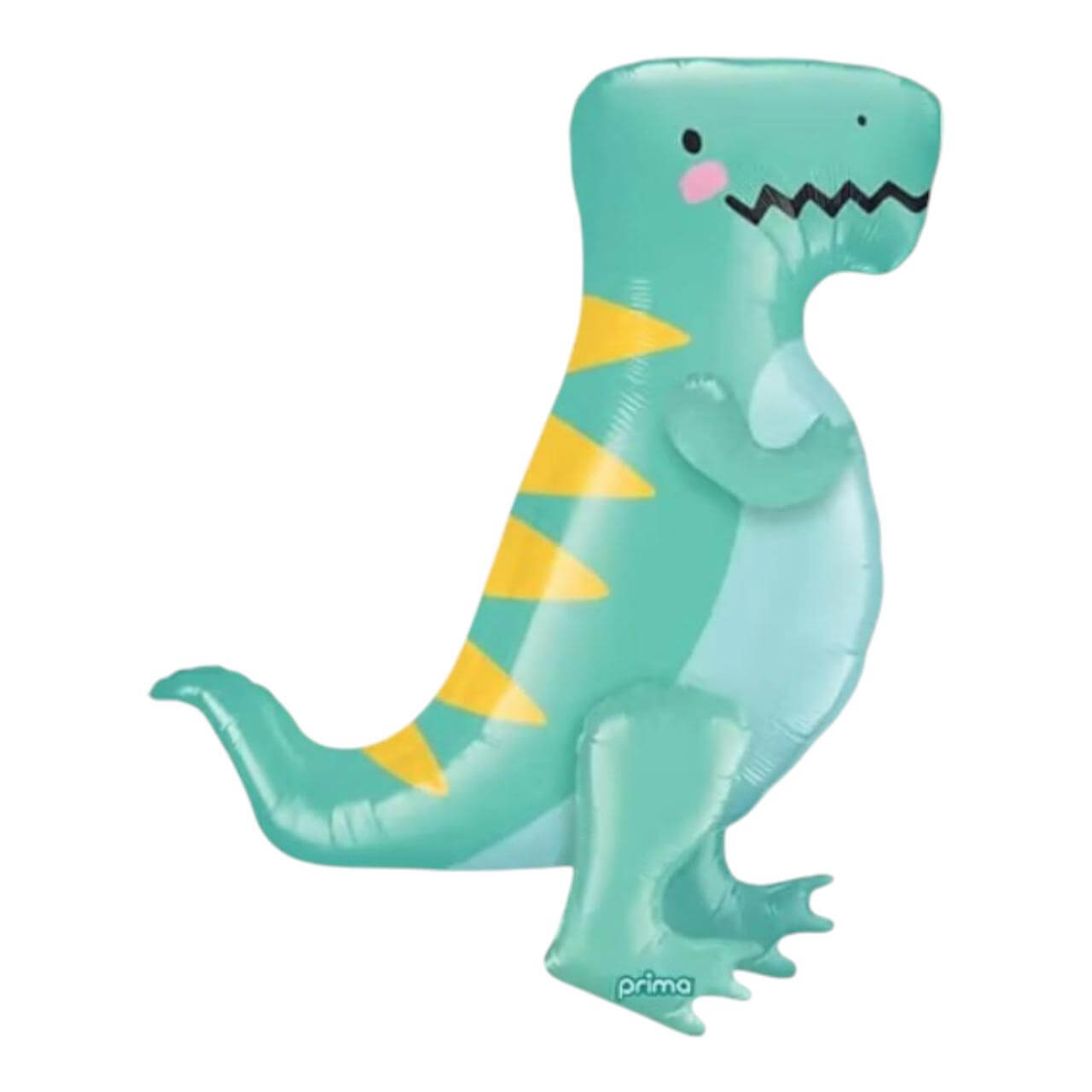 Inflatable green dinosaur toy with yellow stripes on a white background