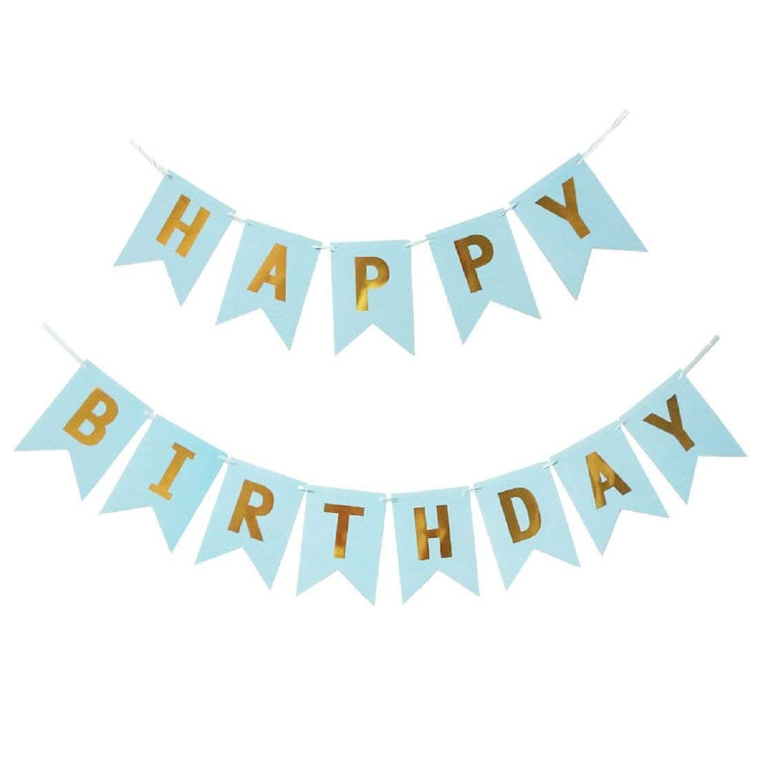 Blue and gold 'Happy Birthday' banner on a white background