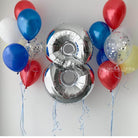 Silver number 8 balloon with red, blue, and white balloons on a light background