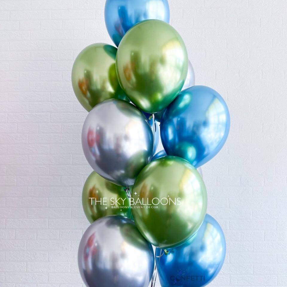 Bunch of blue, green, and silver balloons on a white background with 'The Sky Balloons' logo.