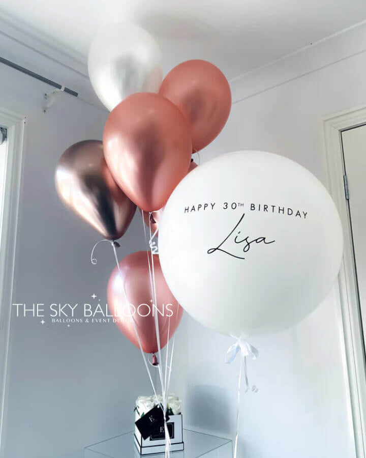 Elegant Rose Gold Balloons Bouquet featuring metallic finish balloons in various sizes, perfect for luxury celebrations and special occasions