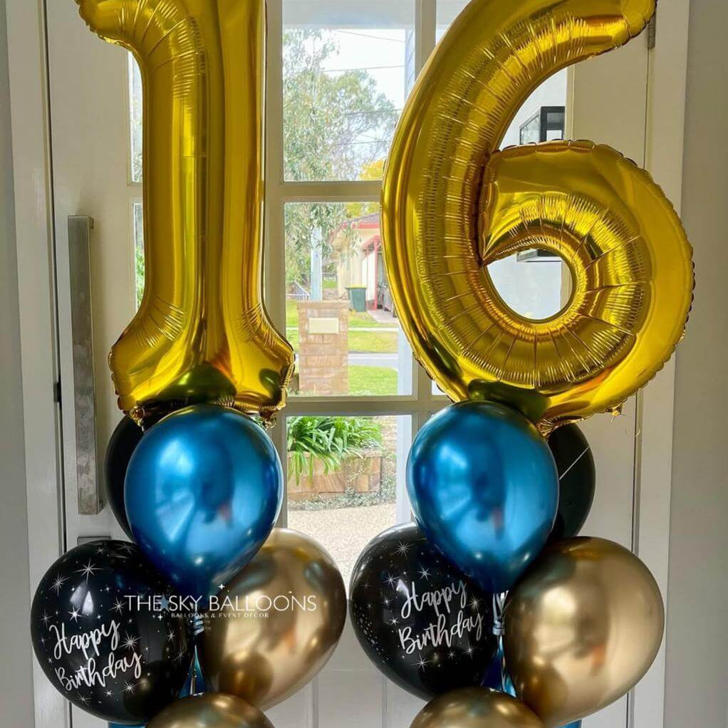 Gold, blue, and black balloons shaped like the number '16' with 'Happy Birthday' text.