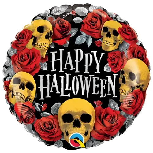Halloween-themed balloon with skulls and red roses on a black background