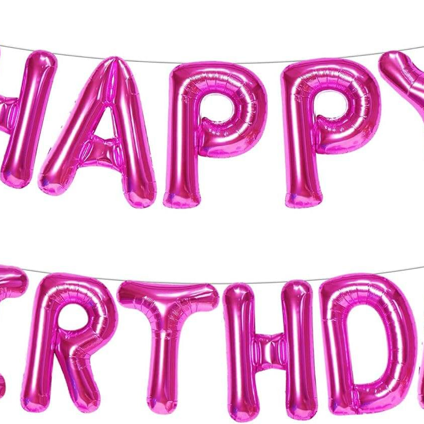 Pink 'Happy Birthday' balloon banner on a white background