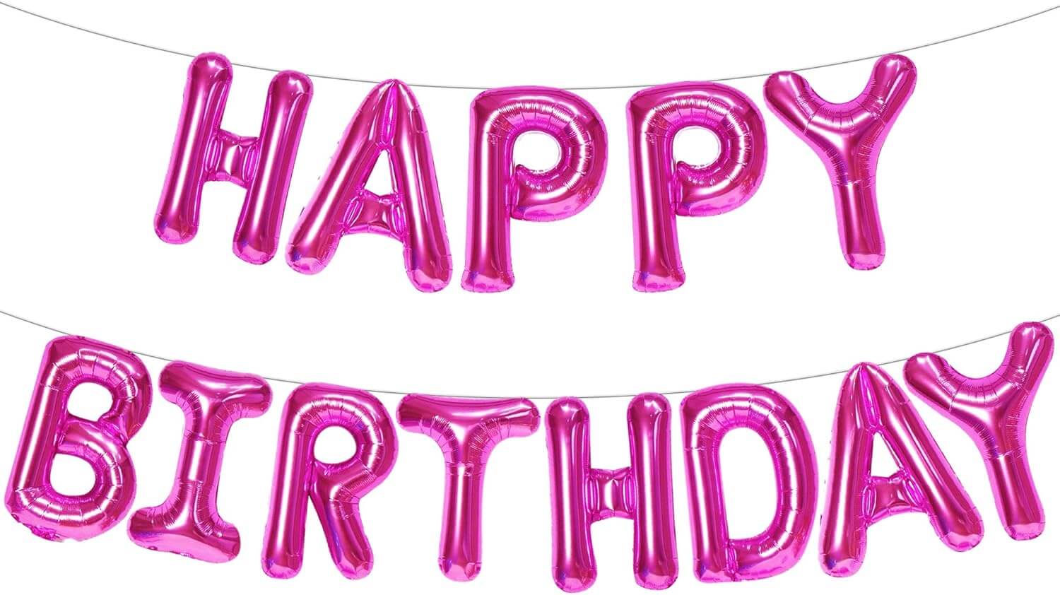 Pink 'Happy Birthday' balloon banner on a white background