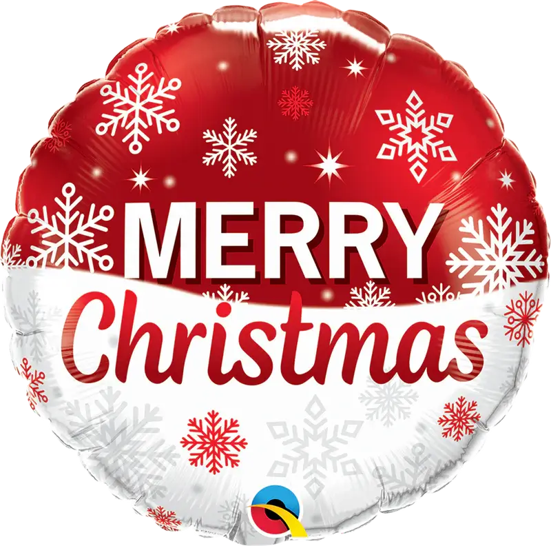Red Christmas balloon with white and red snowflakes and 'Merry Christmas' text.