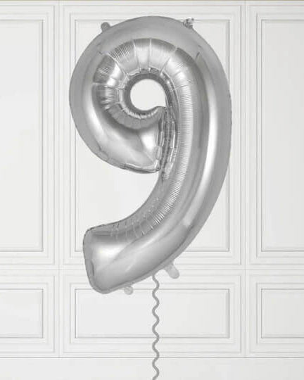 40-Inch Silver Number 9 Balloon – Helium Filled with Weight