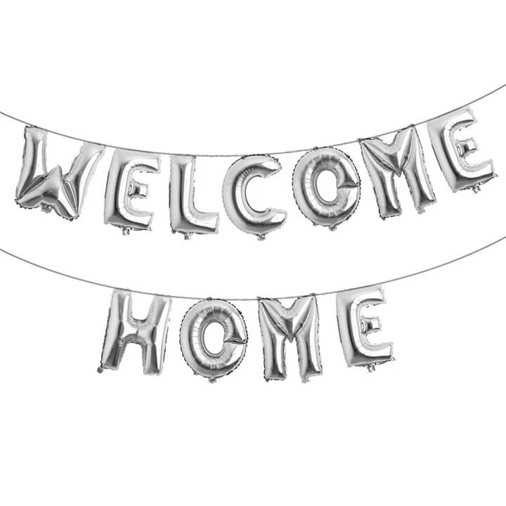 Silver 'Welcome Home' balloon banner on a white background