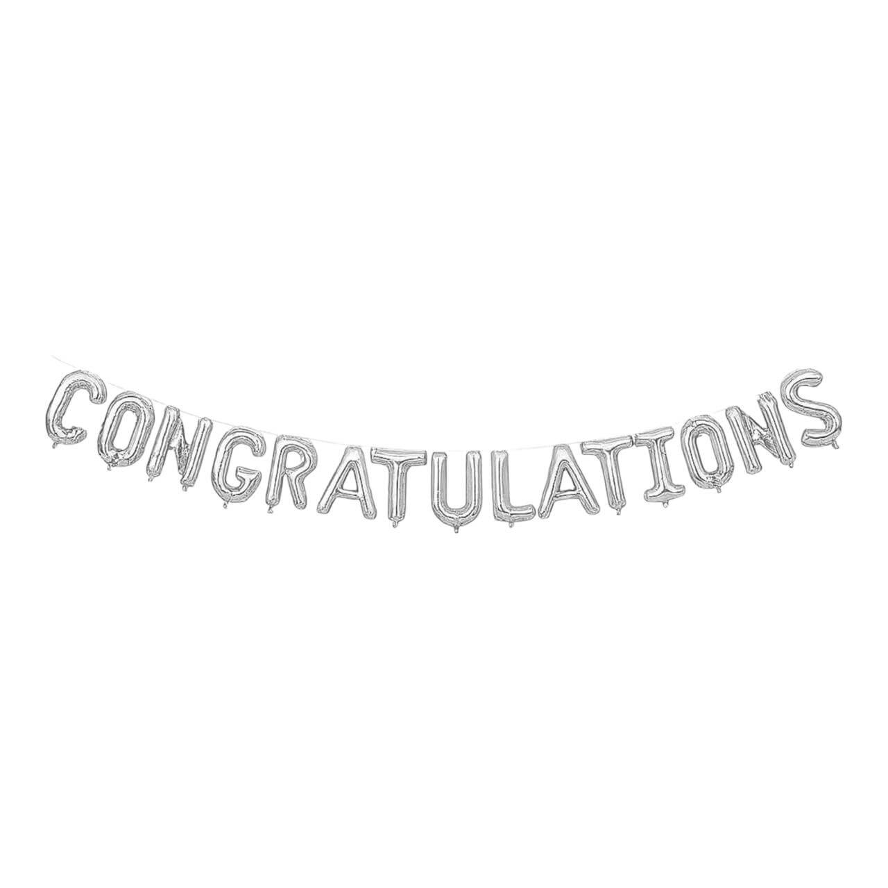 Silver 'CONGRATULATIONS' balloon banner on a white background