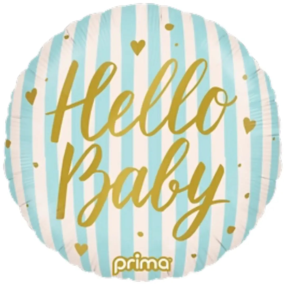 Round balloon with 'Hello Baby' text on a striped background, featuring the brand 'Prima'.