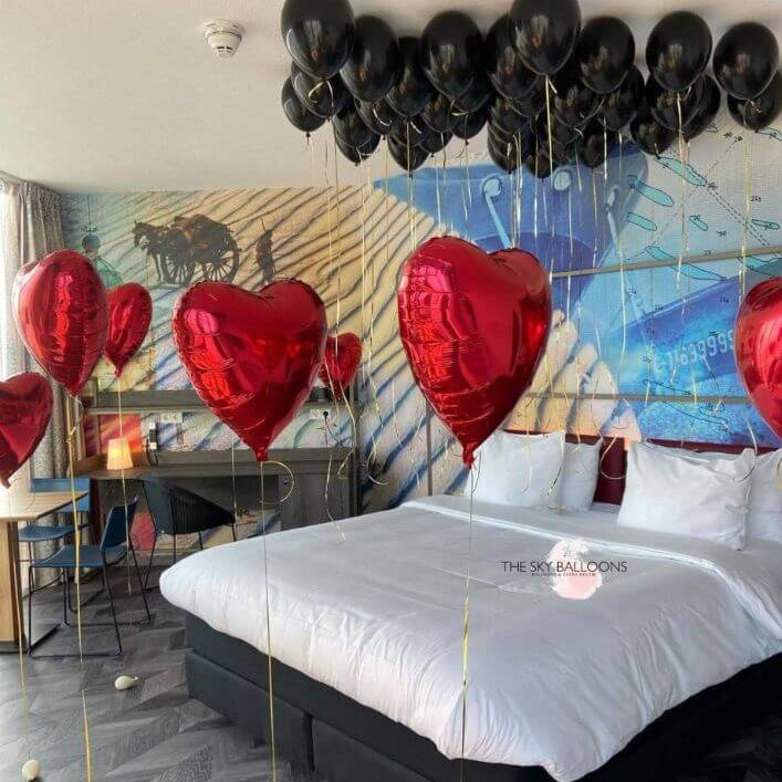Red heart & black balloons decoration