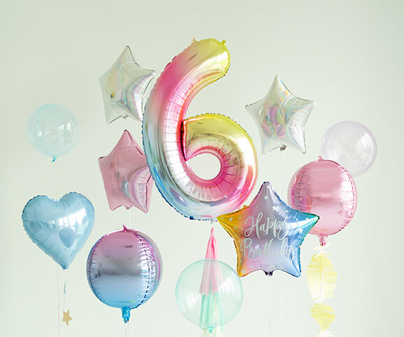 Kids Birthday Numbers beautiful number 6 balloon in pastel colors with heart and star balloons for birthday celebrations.