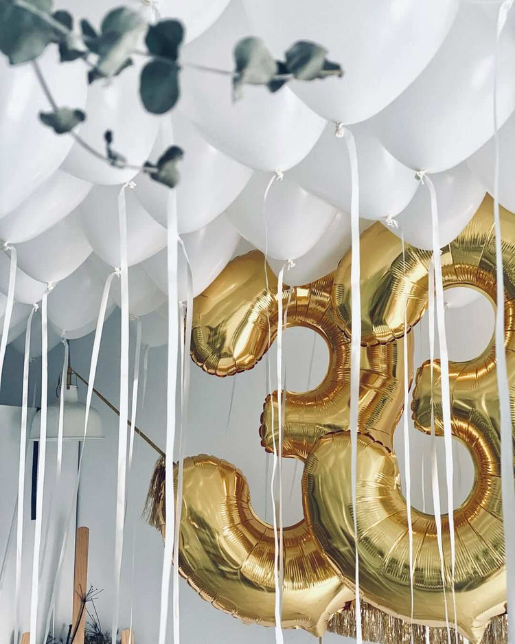 White ceilling balloons with Gold Number 33