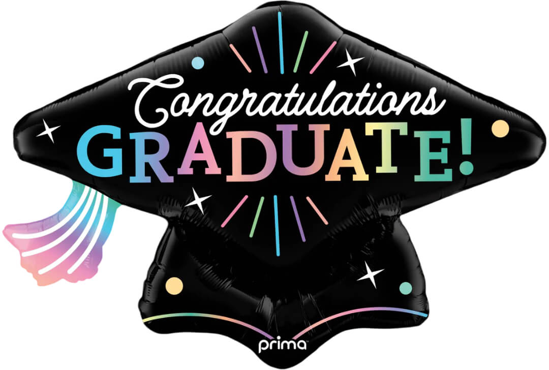 Graduation-themed balloon with 'Congratulations Graduate!' text and colorful design on a white background
