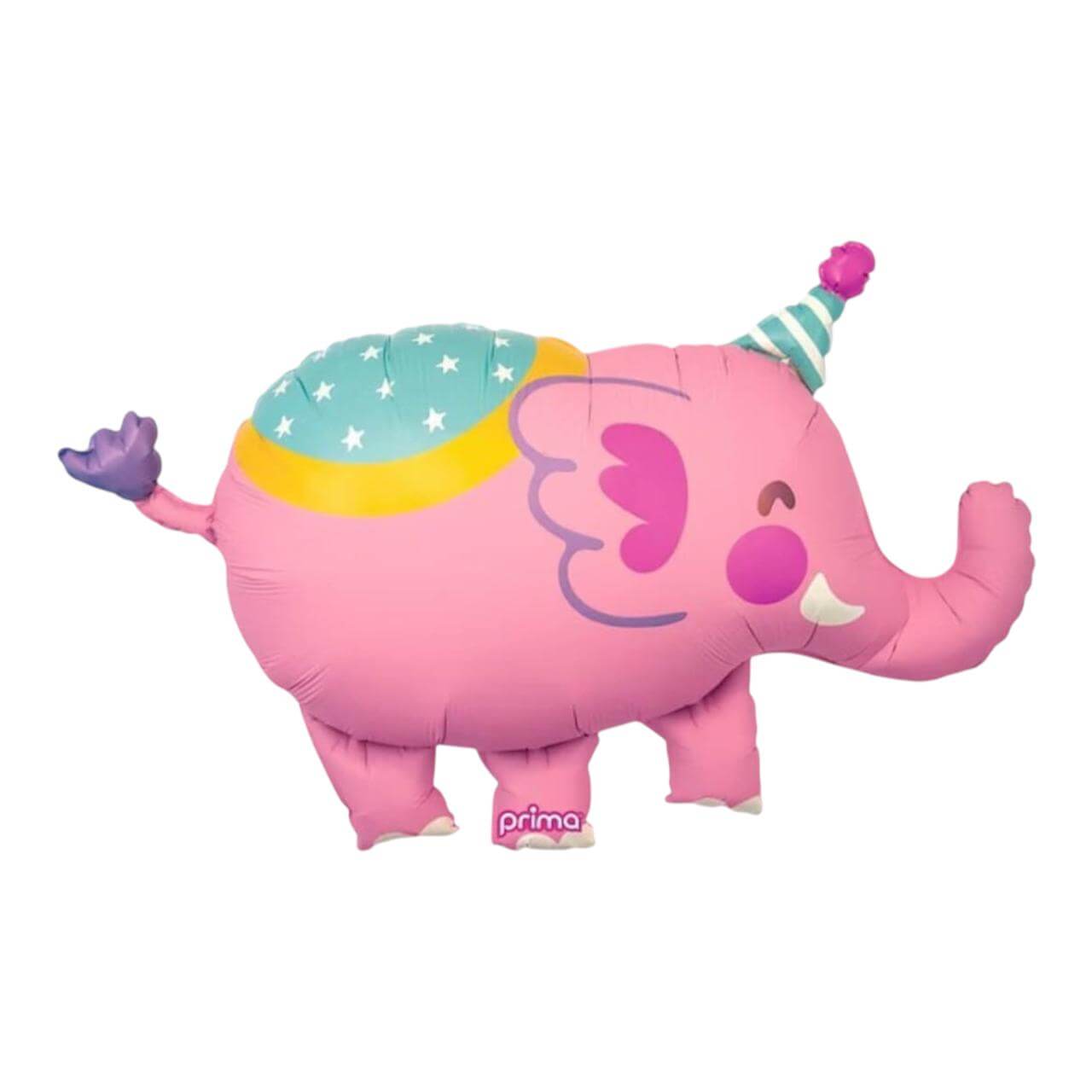 Pink elephant balloon with a party hat on a white background
