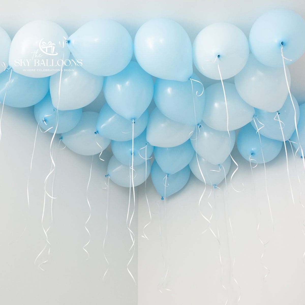Baby-blue and white helium ceiling balloons with hanging white curling ribbons.