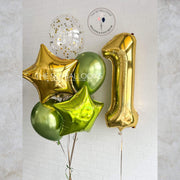 Shiny gold balloon bundle with a shimmering effect. Perfect for adding a touch of elegance to any celebration.