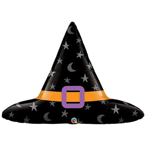Black witch hat with star and moon patterns on a white background