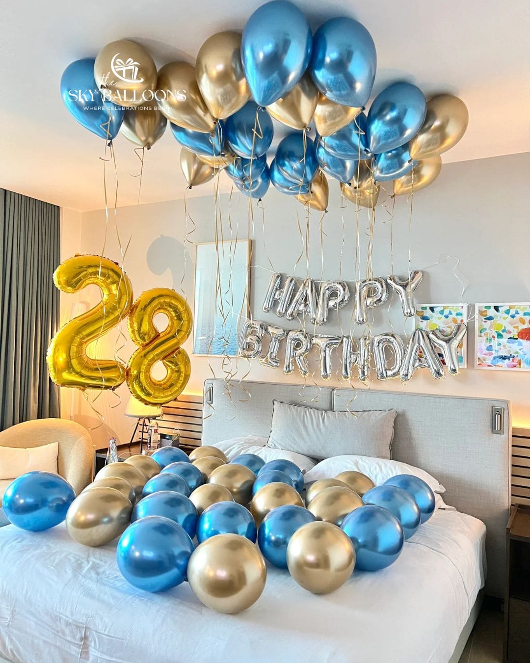 Blue Chrome & Gold Hotel Room Birthday Setup