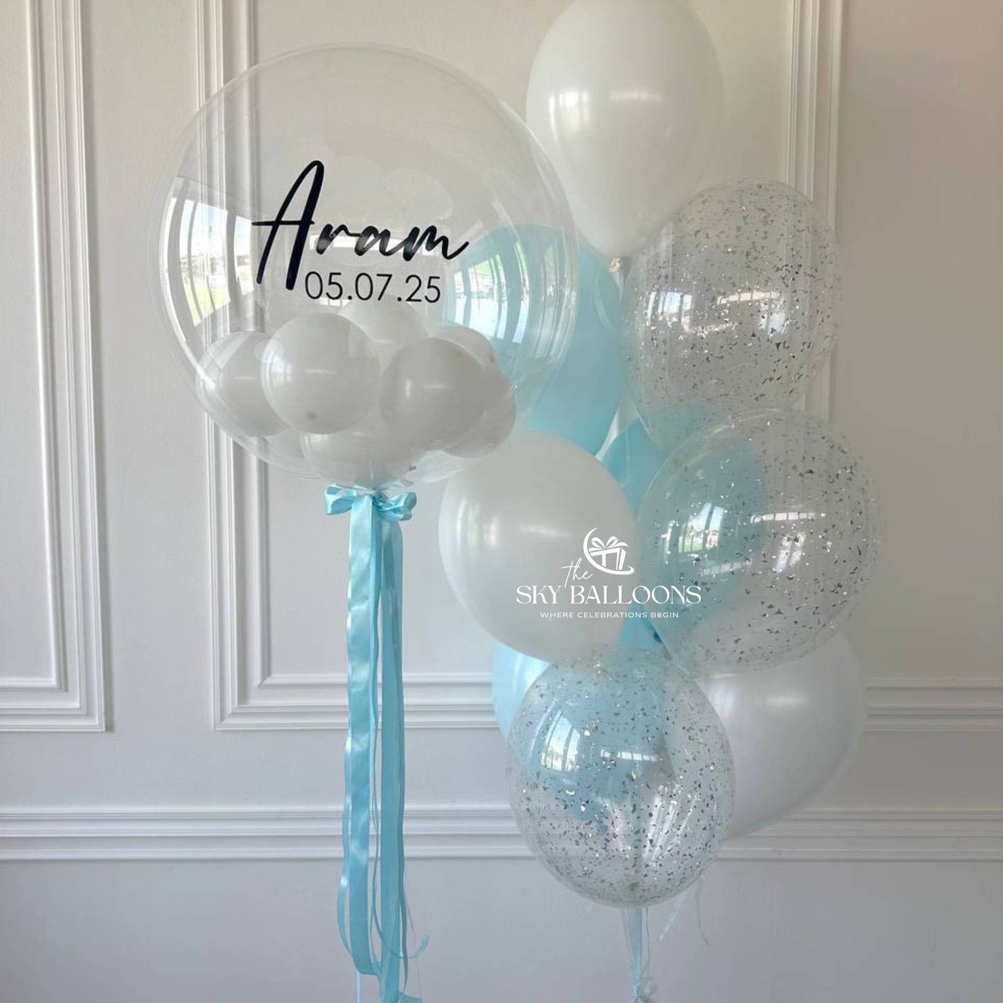 Blue White Confetti Jumbo Balloon Bouquet