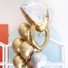 A festive balloon bouquet featuring a gold and silver ring, adding a touch of elegance to the celebration.