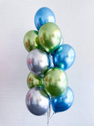 Bunch of blue, green, and silver balloons on a white background with 'The Sky Balloons' logo.