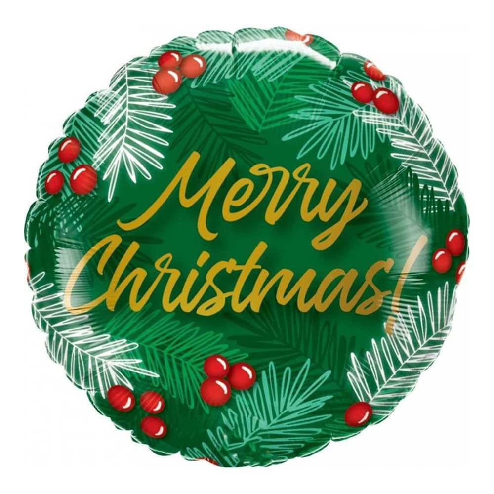 Christmas-themed balloon with 'Merry Christmas!' text and green leaves on a white background