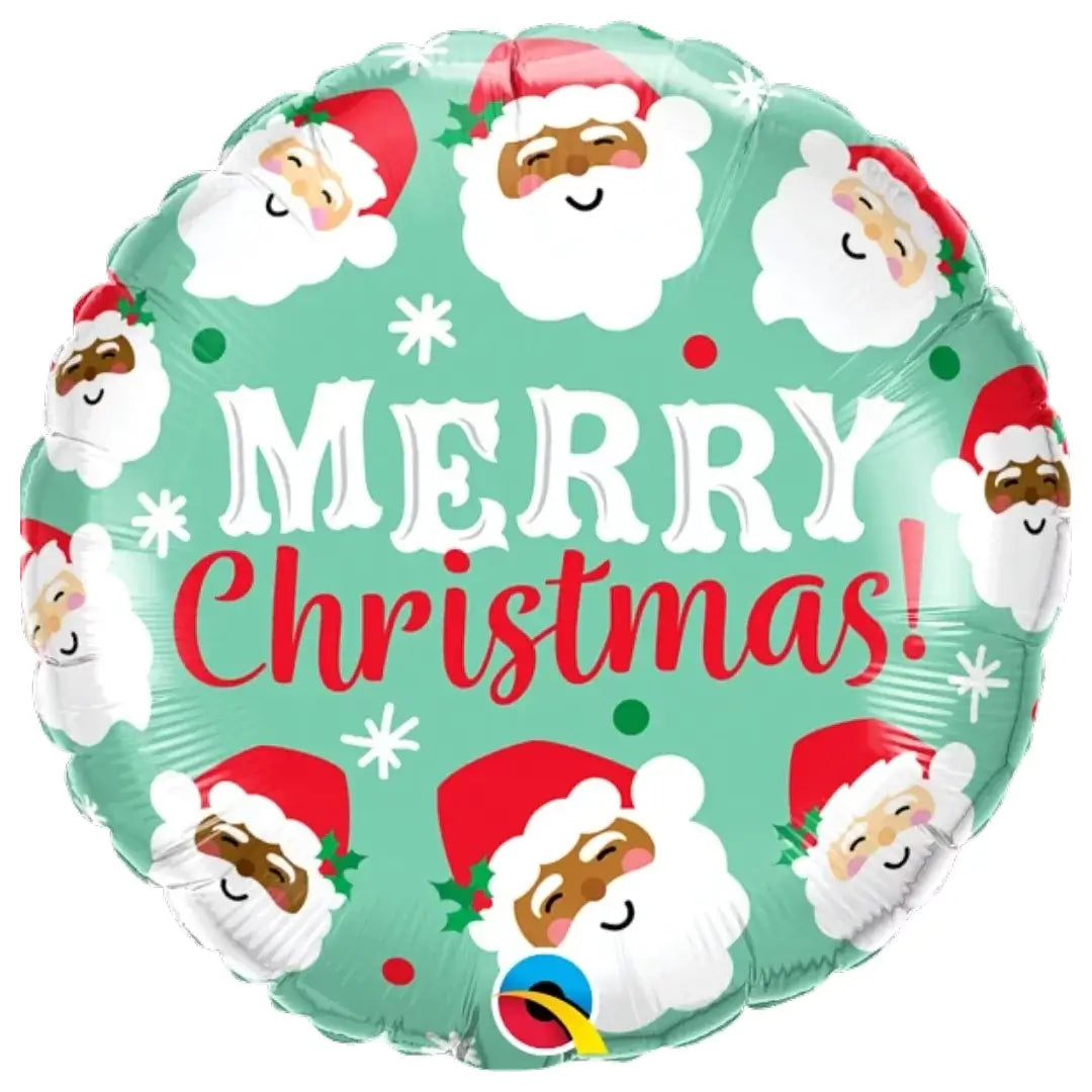 Christmas-themed balloon with Santa Claus faces and 'Merry Christmas!' text on a green background