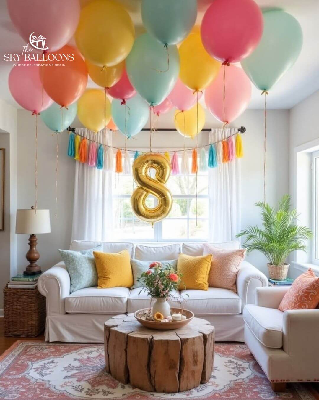 8th birthday living room decoration with a gold number 8 balloon, colourful pink, yellow, orange and mint ceiling balloons, and a matching tassel garland.