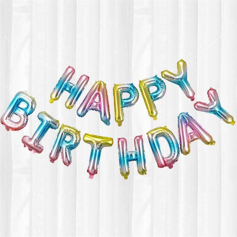 Colorful 'Happy Birthday' balloon letters on a white background