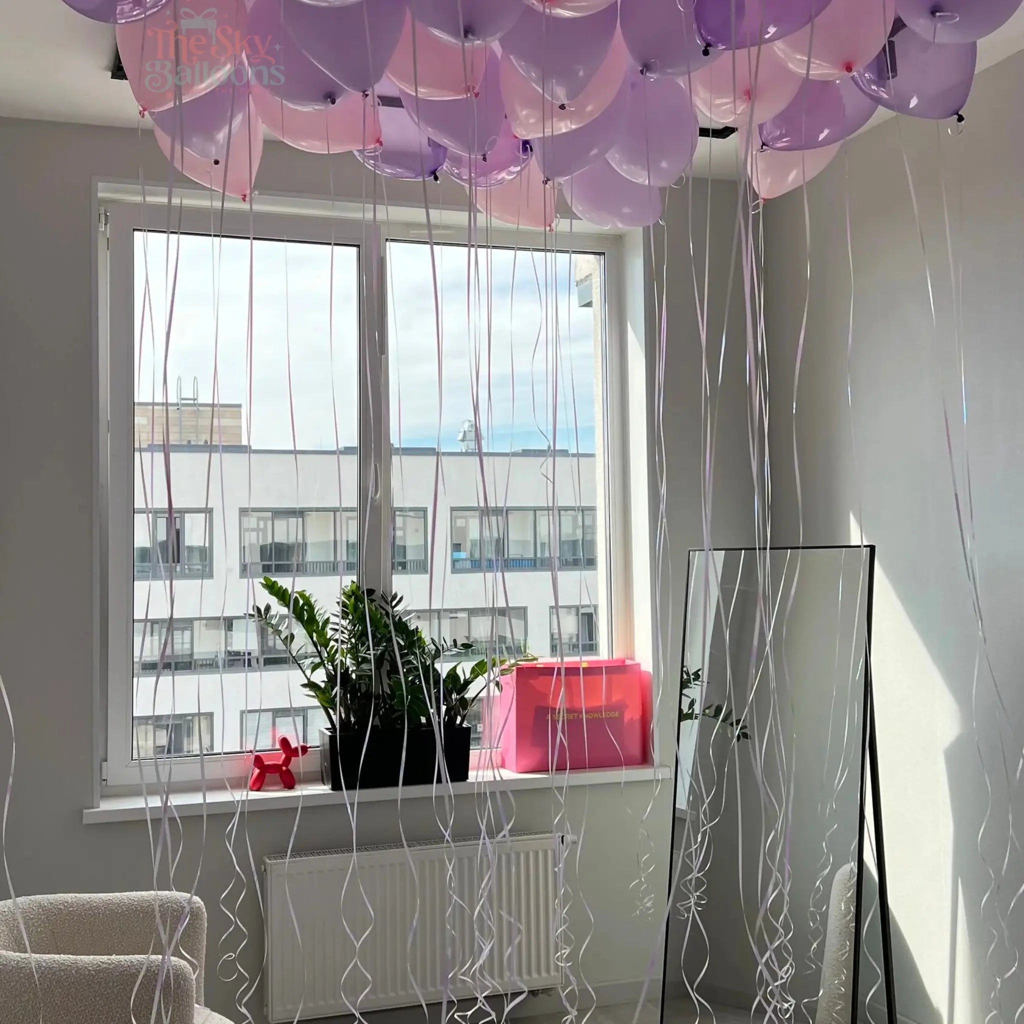Decorative balloons in a room with a window and plant