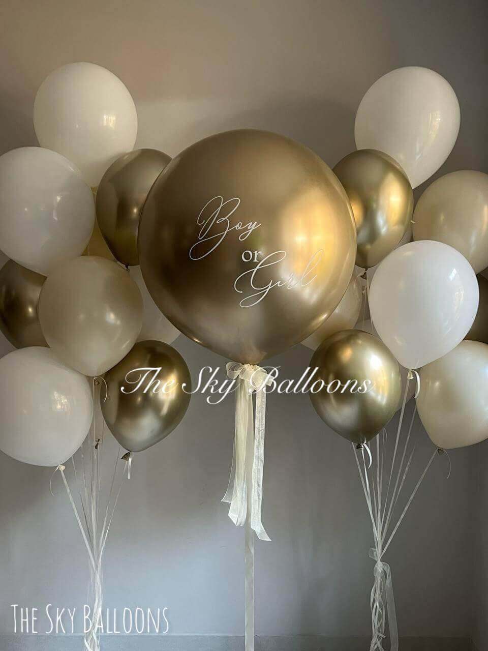 Decorative balloons with 'Boy or Girl' text and 'The Sky Balloons' branding against a neutral background.