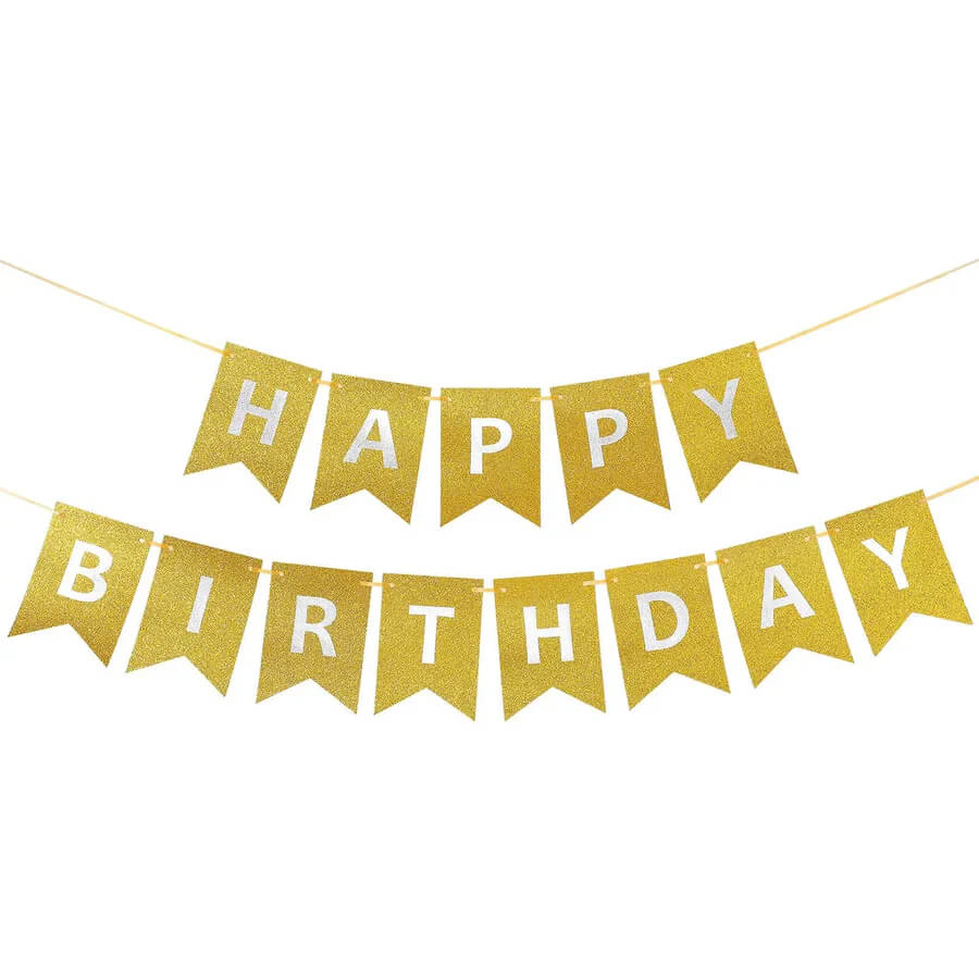 Gold Glitter Happy Birthday Banner with white letters