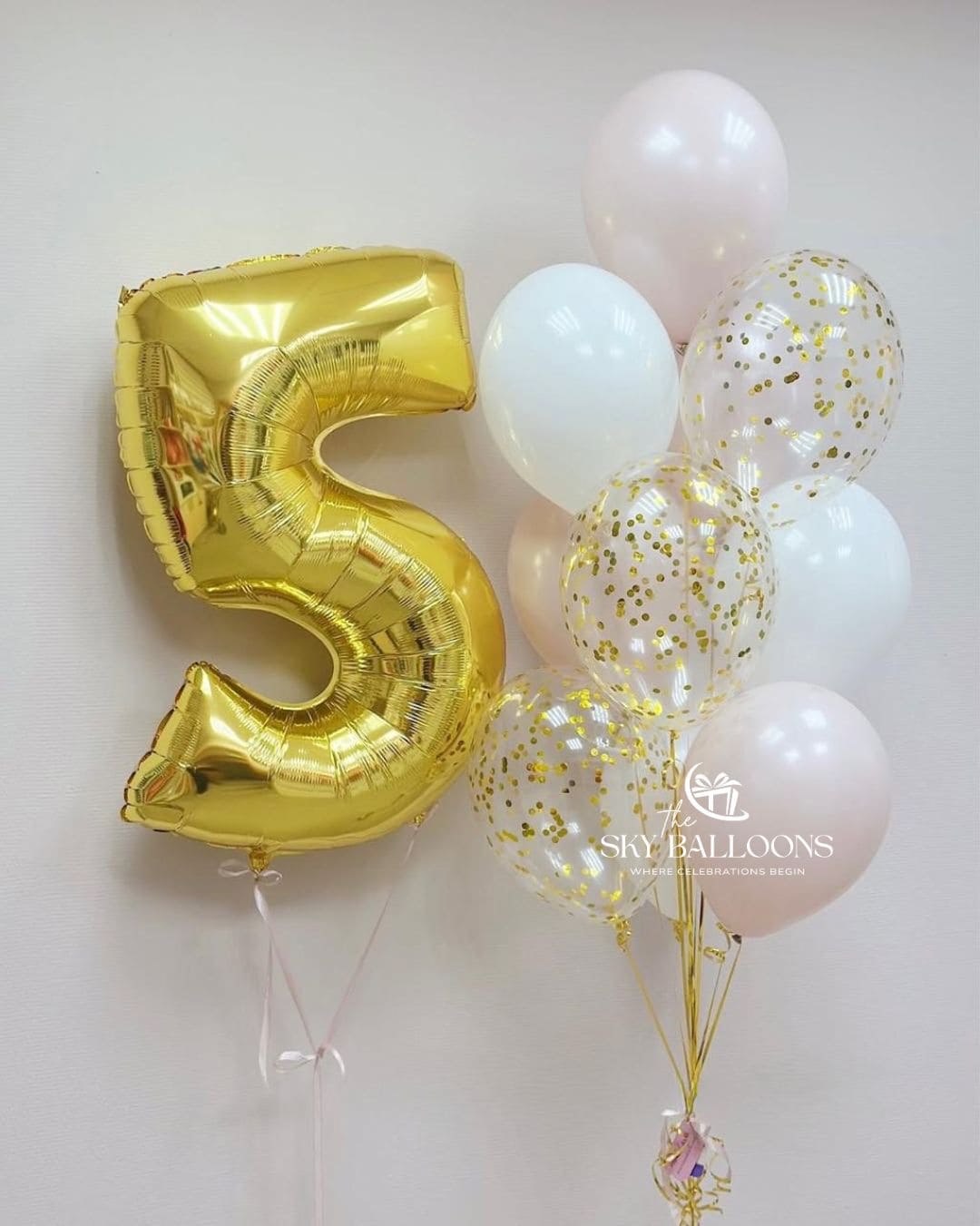 Gold Number & Blush Confetti Balloon Bouquet