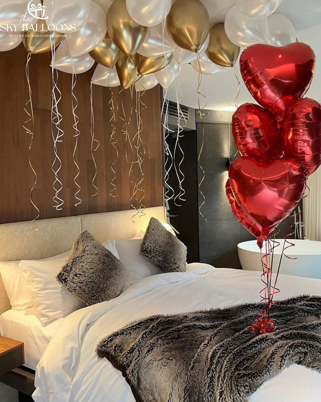 Gold White Ceiling Balloons Red Hearts Bouquet