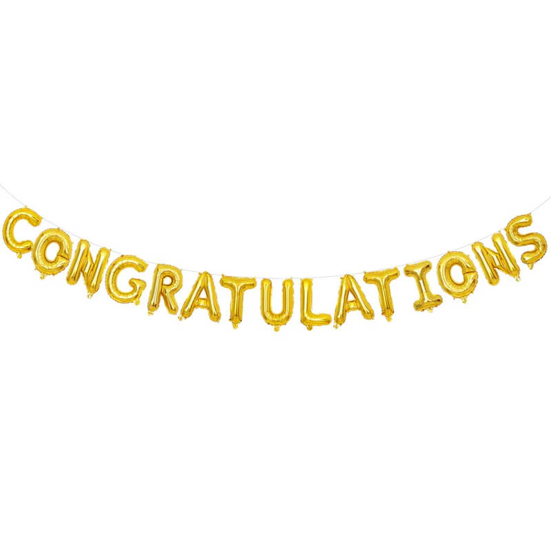 Gold 'CONGRATULATIONS' balloon banner on a white background