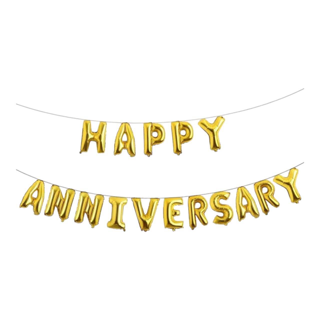 Gold 'Happy Anniversary' balloon banner on a white background