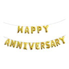 Gold 'Happy Anniversary' balloon banner on a white background