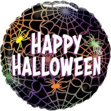 Halloween-themed balloon with 'Happy Halloween' text and spider webs on a black background