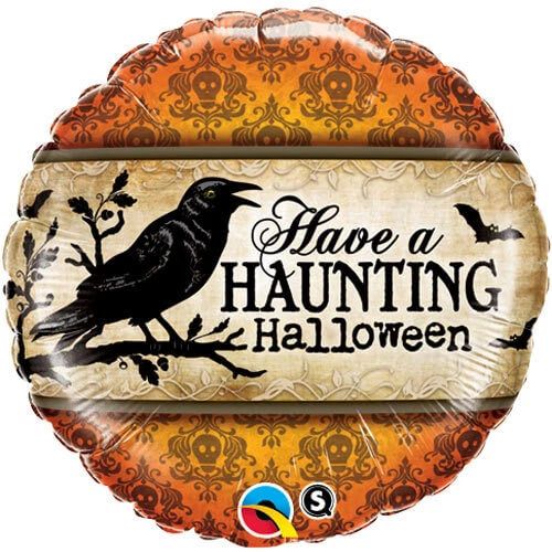 Halloween-themed balloon with a crow and 'Have a Haunting Halloween' text on an orange and black patterned background.