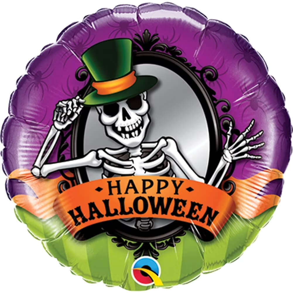 Halloween-themed balloon with skeleton wearing a top hat and 'Happy Halloween' banner on a purple and green background.