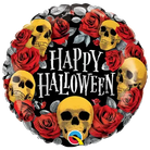 Halloween-themed balloon with skulls and red roses on a black background
