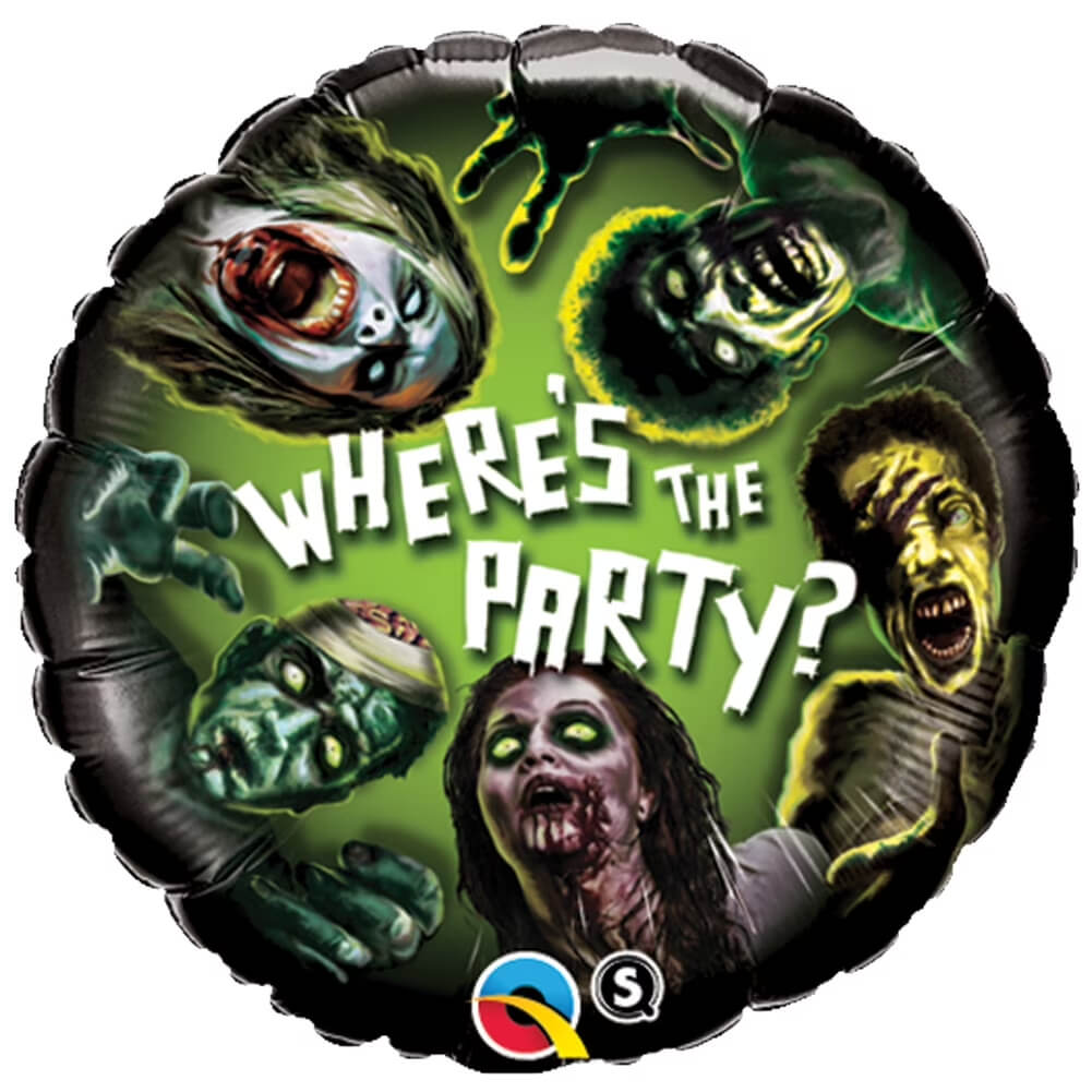 Halloween-themed balloon with zombie faces and 'Where's the Party?' text, featuring a visible brand logo.
