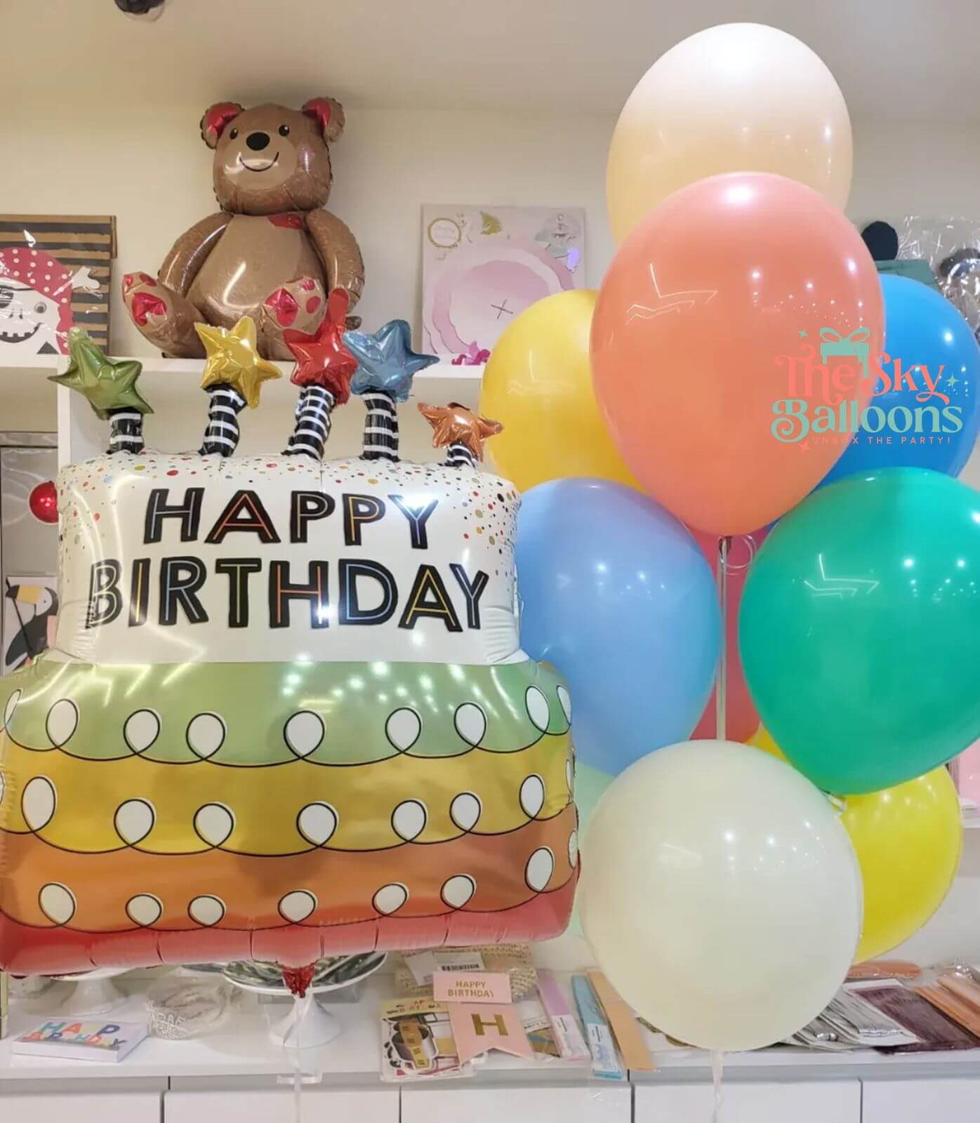 Happy Birthday Cake with Star Candles Balloon Bouquet