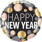 Happy New Year balloon with gold and silver polka dots on a black background